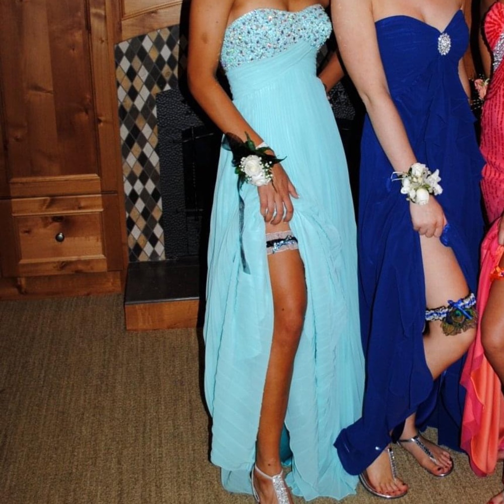 Teal strapless gown